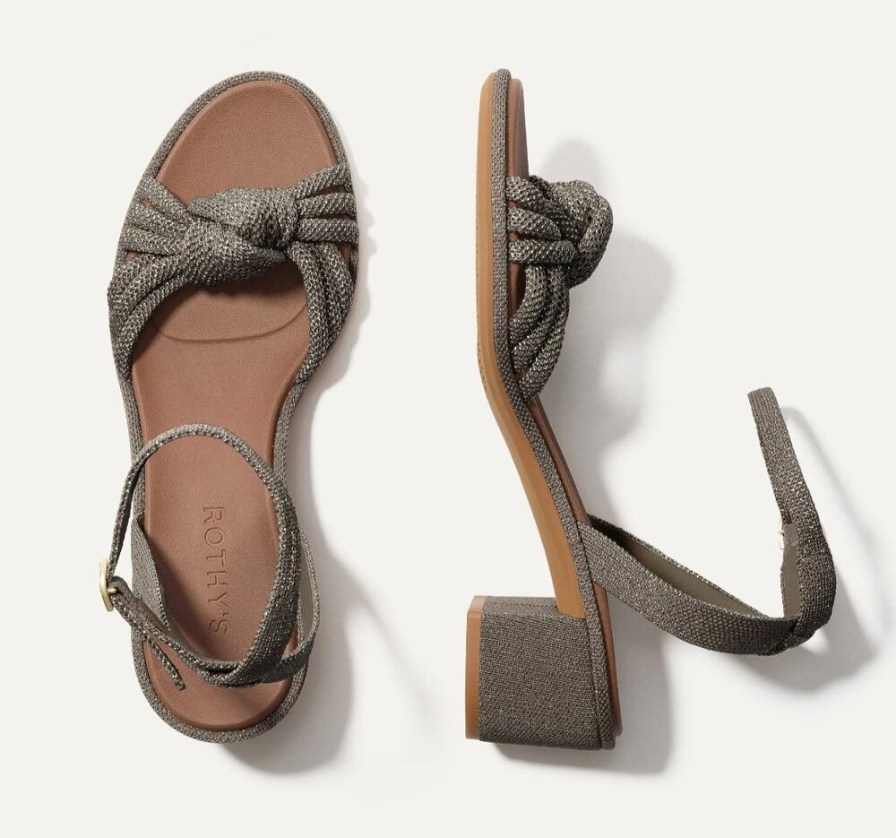 NWOB Rothy's The Knot Sandal Silver Sand Metallic Size 7.5 Ankle Strap Washable